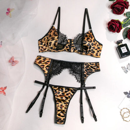Leopard Print Lace Patchwork Lingerie Set