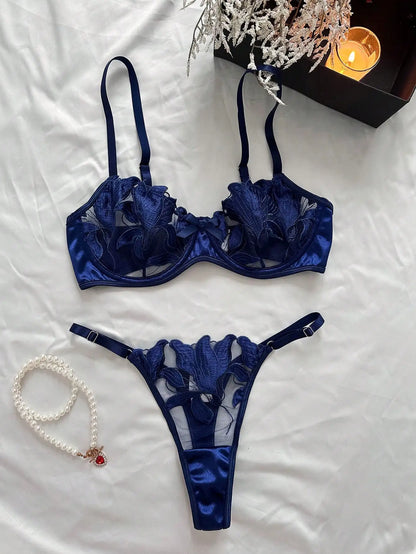 Thin Floral Embroidery Lingerie Set