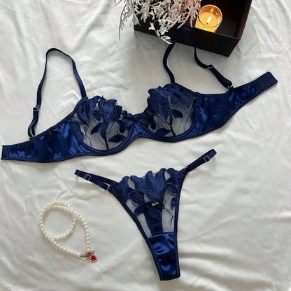 Thin Floral Embroidery Lingerie Set