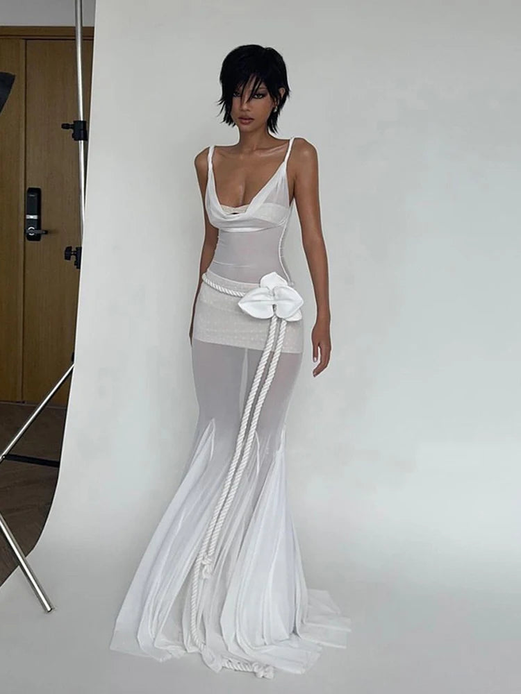 Waistband+Mesh Maxi Dress
