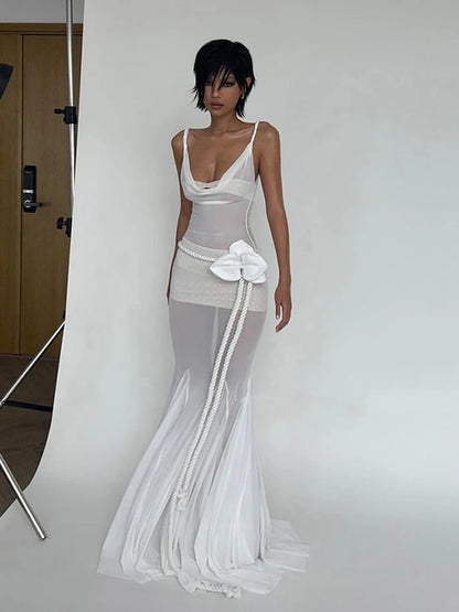 Waistband+Mesh Maxi Dress