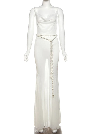 Waistband+Mesh Maxi Dress